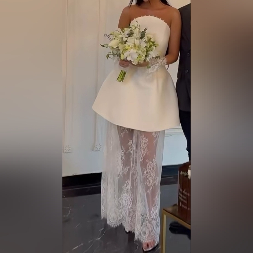 Elegant White Short Dress With Matching Lace Skirt & Sleeves with Pearl Details